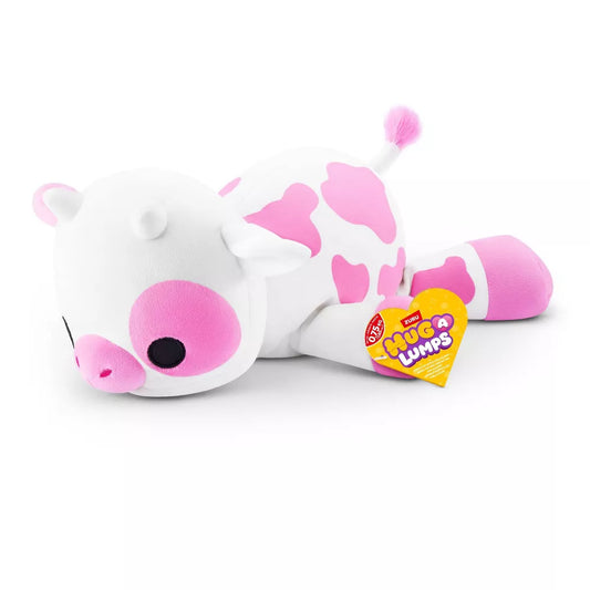 Small Hug-A-Lumps Series 2 Cow weighted plush toy by ZURU featuring a white body with pink spots and soft horns.
