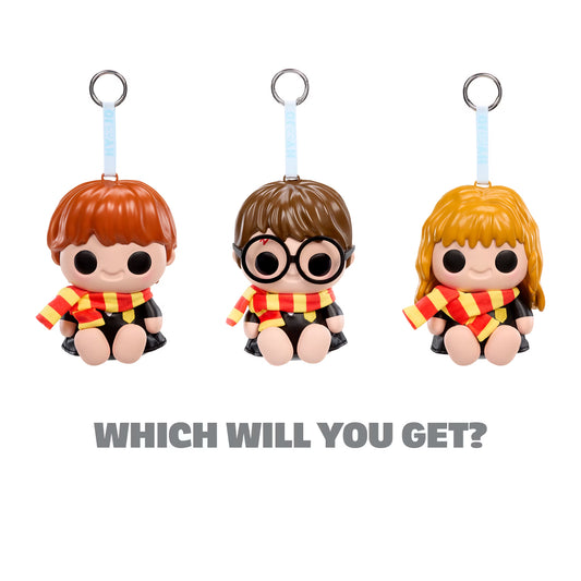 Three small character keychain figures with metal key rings are shown on a white background, with the text 'WHICH WILL YOU GET?' below them. The figures resemble Harry Potter characters and each wears a red and yellow striped scarf.