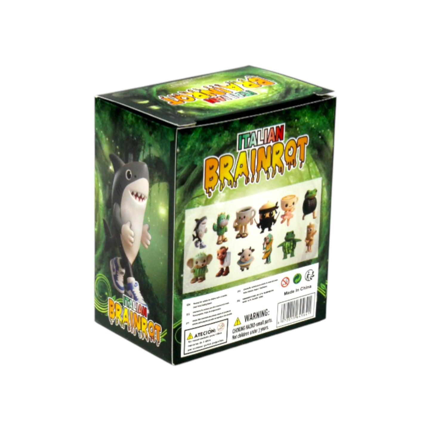 Italian Brainrot blind box figure collection featuring viral meme characters like a frog in a tire and a banana monkey.