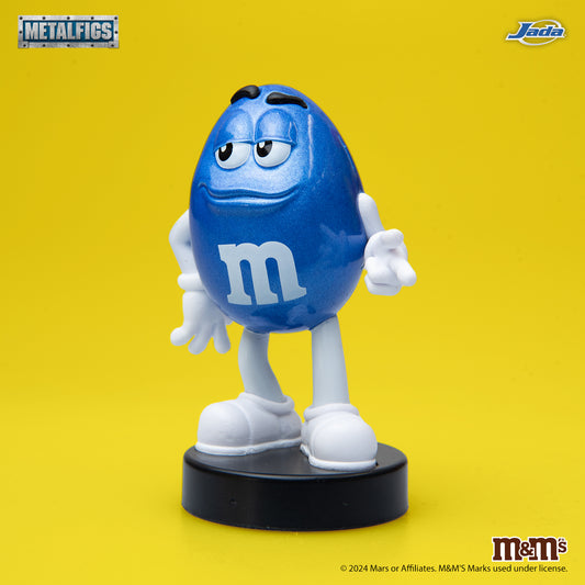 Jada Toys M&M's Blue Character 2.5-inch Metalfigs die-cast figure mounted on a black display pedestal.