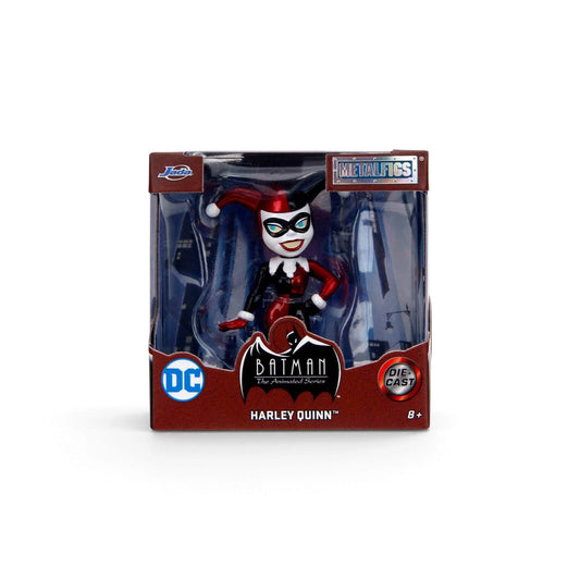Batman The Animated Series Harley Quinn die-cast mini figure in its original window box packaging, featuring the character in a red and black jester outfit with a white and red striped head.