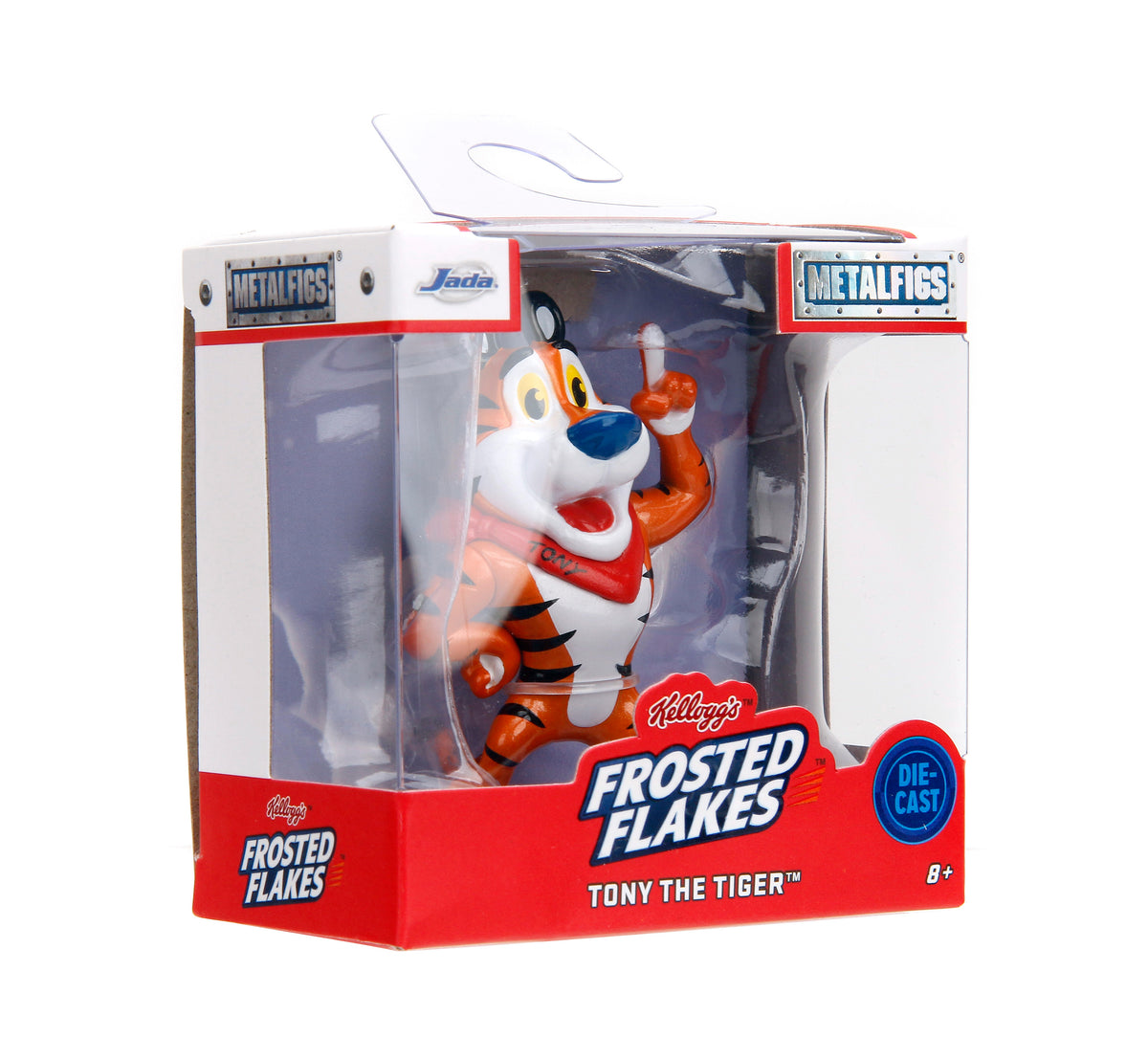 Metalfigs Frosted Flakes Tony the Tiger die-cast metal figure in its original retail packaging, featuring a white, orange, and black tiger with a red scarf.