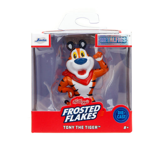 A packaged metal toy figure of Tony the Tiger from Frosted Flakes, shown in its original retail window box with a hanger tab. The figure is orange and white with black stripes, a red scarf, and a blue nose, with visible Kellogg's and Metallicas branding.