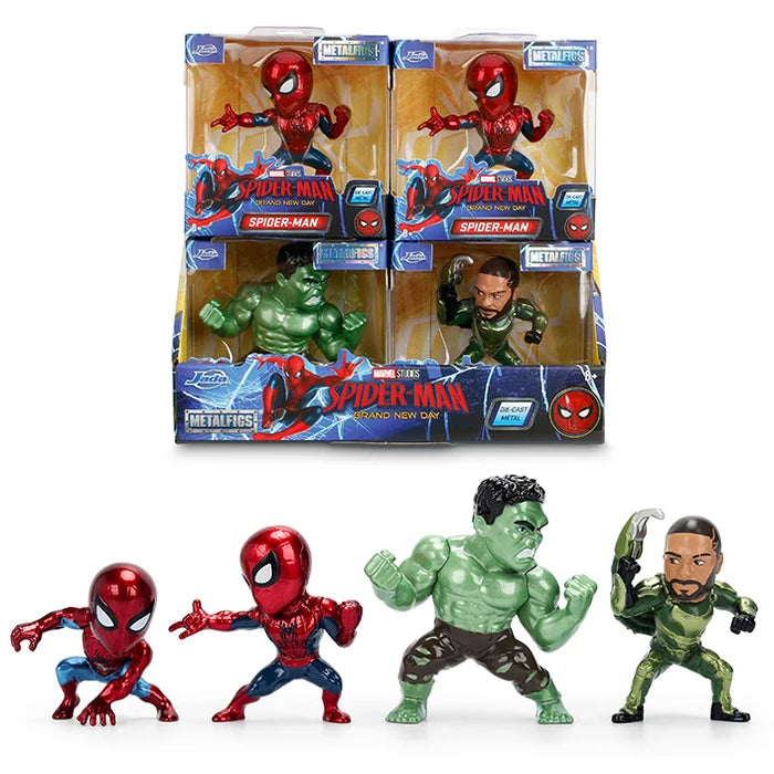 Marvel's Spider-Man and Avengers-themed toy figures displayed both inside their retail packaging and standing outside. The set includes Spider-Man in red and blue, another Spider-Man figure, a green Hulk figure, and a green Tony Stark figure, all on a clean white background.
