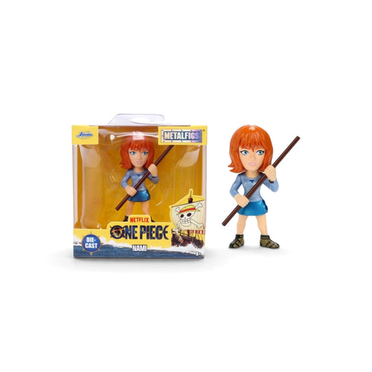 Jada Toys Metalfigs Netflix One Piece Nami 2.5-inch die-cast metal figure holding a staff in her live-action series appearance on a white background.