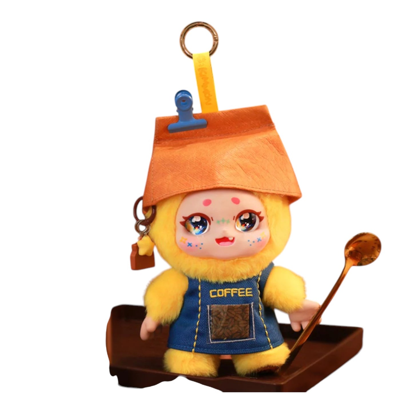 Kimmon Let's Cafe Plush Blind Box – Available from Canadian stock at ReChild.ca character with an orange hat and blue apron holding a spoon, on a white background