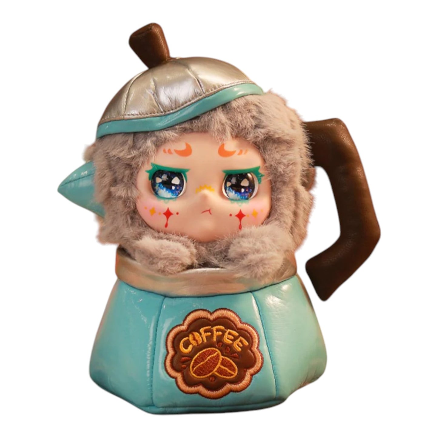 Kimmon Let's Cafe Plush Blind Box – Available from Canadian stock at ReChild.ca Tea pot-shaped character with a face, wearing a helmet and scarf, on a white background