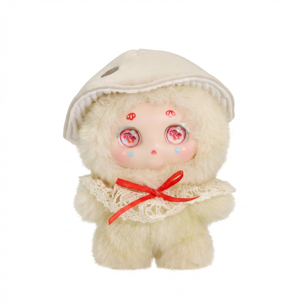 Kimmon Camouflage Rhapsody plush pendant with a white hood and red bow on a white background
