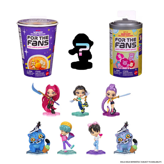KPop Demon Hunters blind box figures featuring snack-themed cup packaging and collectible mini dolls of HUNTR/X, Saja Boys, Derpy, and Sussie.