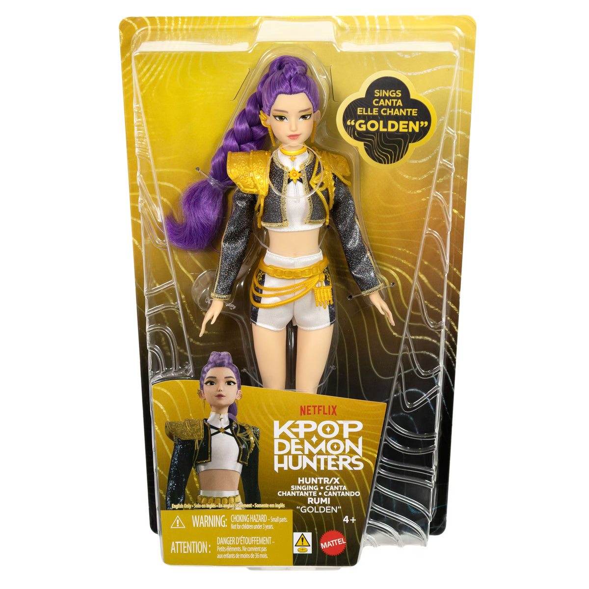KPop Demon Hunters HUNTR/X Rumi singing doll with braided purple hair, knee-high boots, and a shimmering outfit with sculpted shoulder pads.