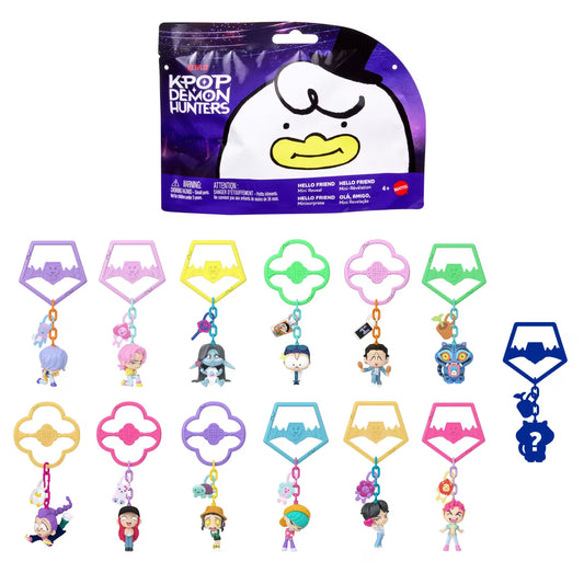 KPop Demon Hunters blind bag packaging and a display of 13 collectible mini figures including HUNTR/X and Saja Boys attached to colorful movie-inspired keychain clips.