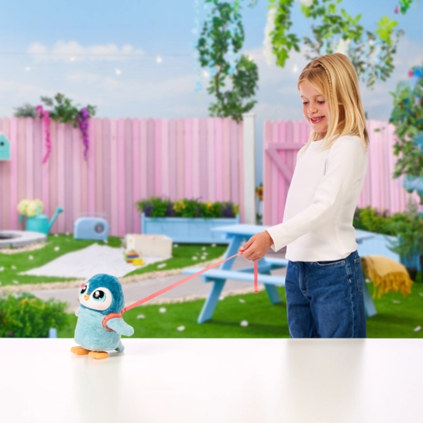 Child playing with a Little Live Pets My Walking Penguin on a leash in a backyard setting