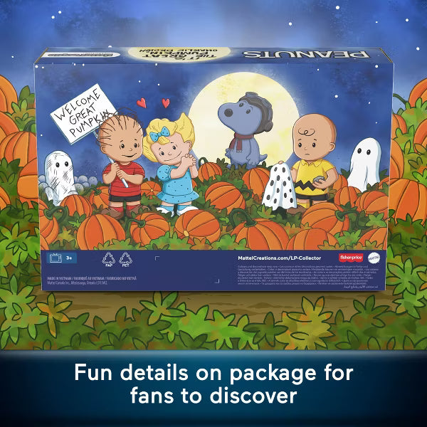 Peanuts-themed Halloween packaging with characters and pumpkins on a blue background