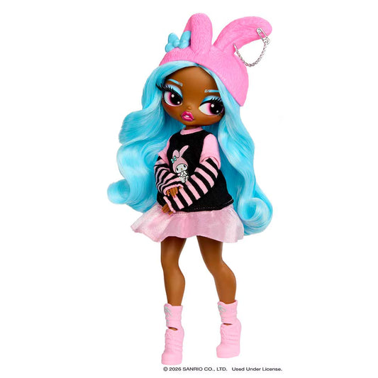 L.O.L. Surprise! O.M.G. Loves Hello Kitty and Friends My Melody fashion doll with pink bunny ear hat and blue hair.