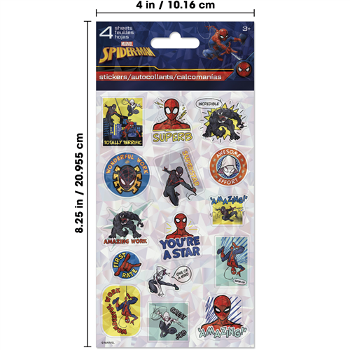 Spider-Man stickers in a packaging with dimensions displayed