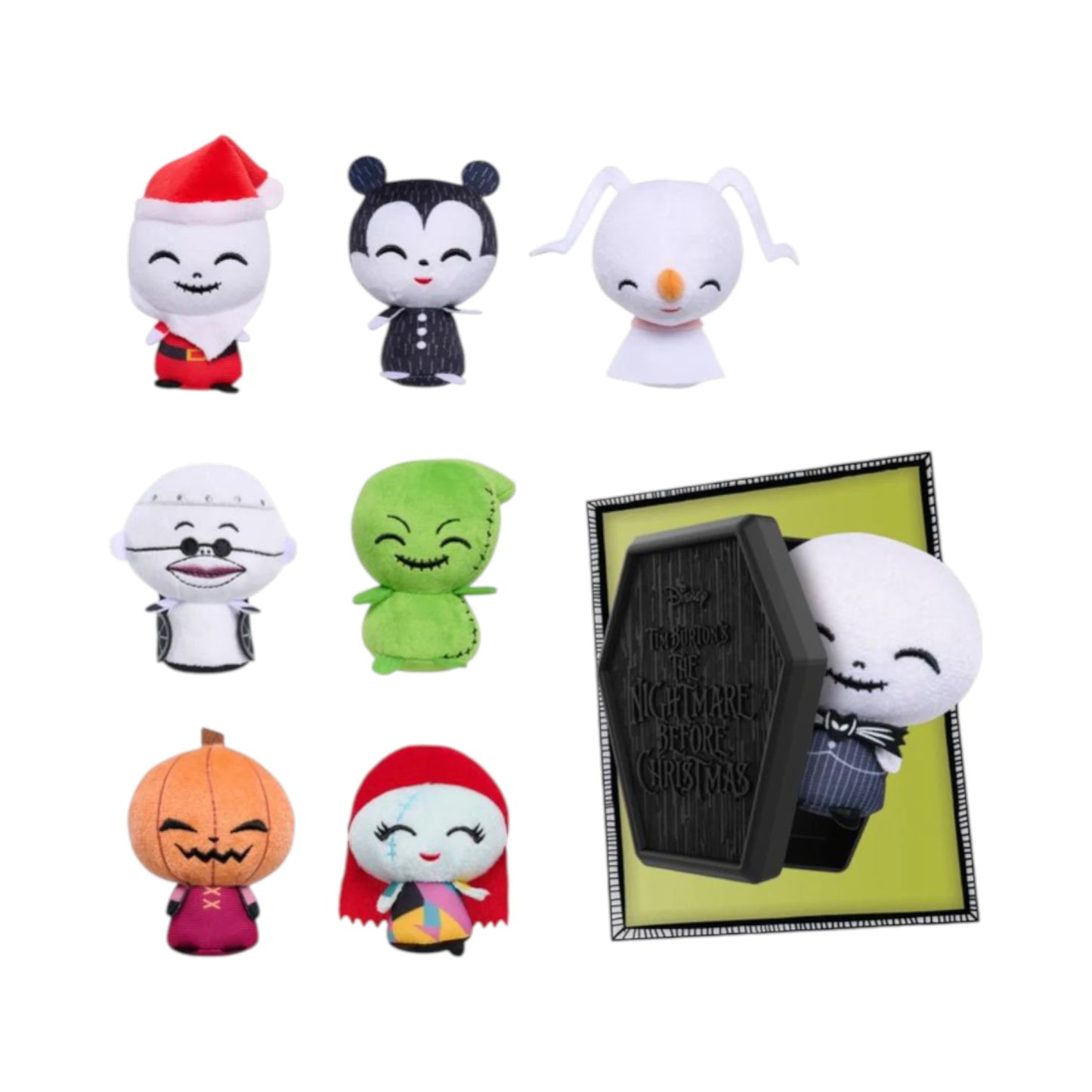 Set of Disney The Nightmare Before Christmas 3.5 Inch Collectible Plush - Series 1 plush toys with a coffin-shaped product on a white background
