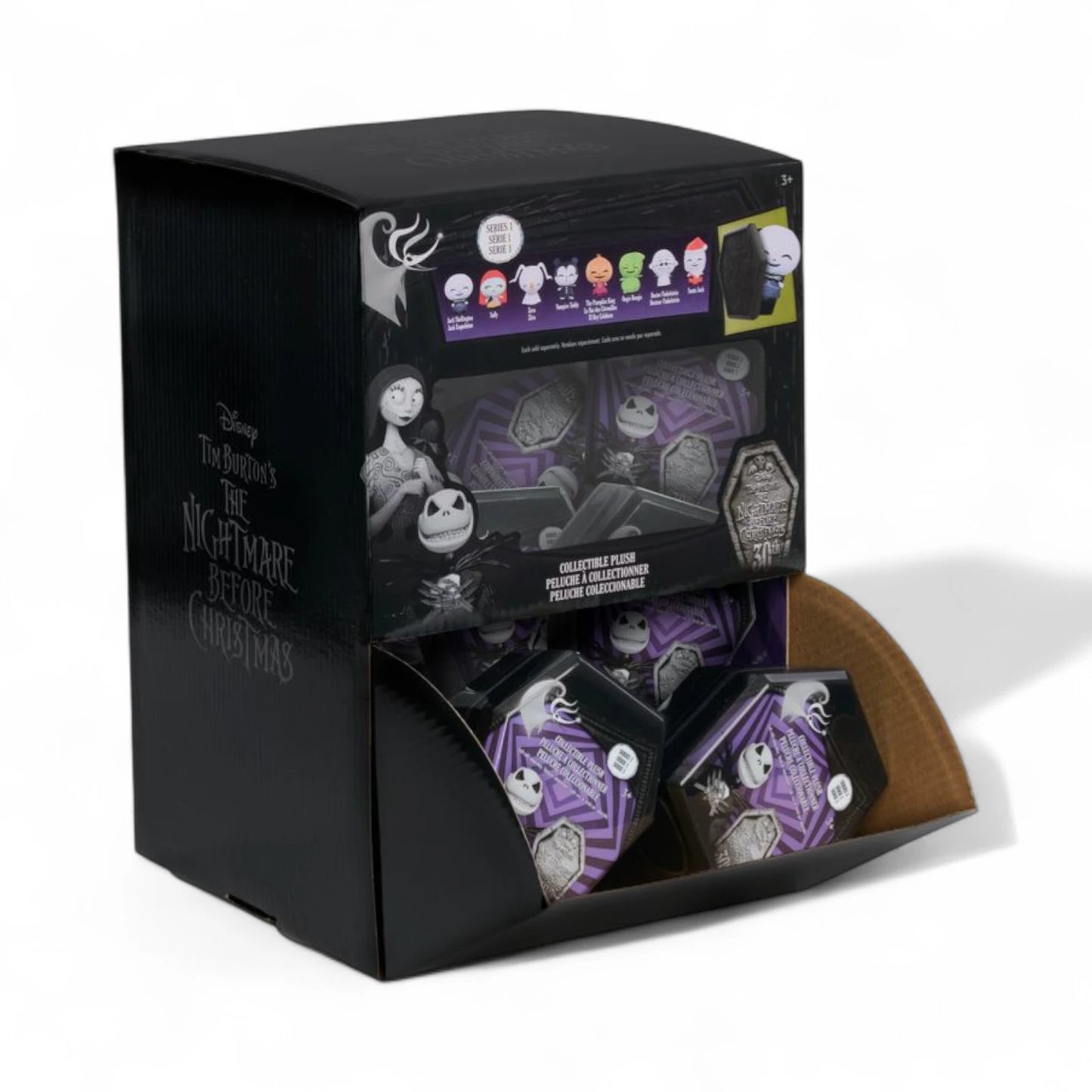 Display box for 'The Nightmare Before Christmas' plush toys with character images on a white background