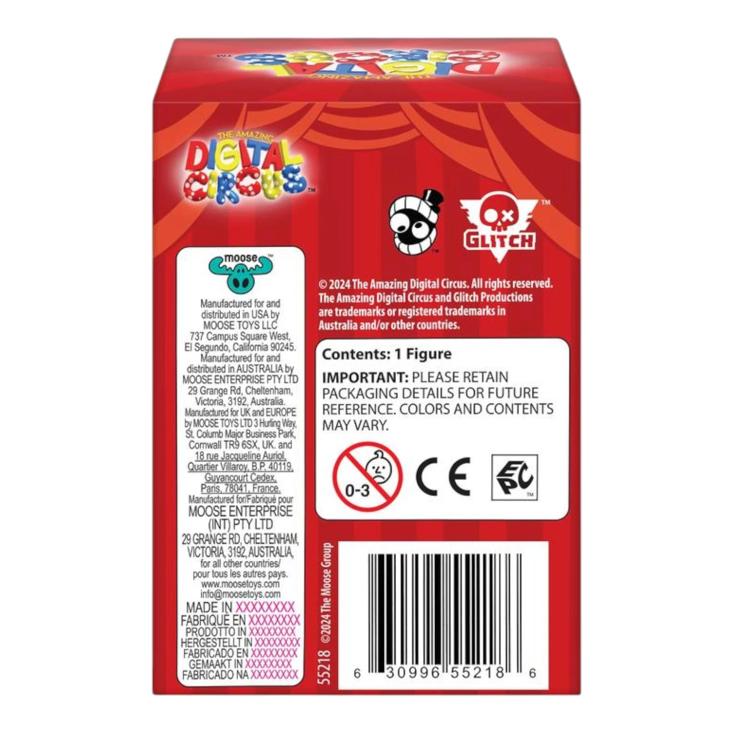 Back of a The Amazing Digital Circus 2 Inch Mini Figures Mystery Box toy packaging with brand logos and product details on a white background