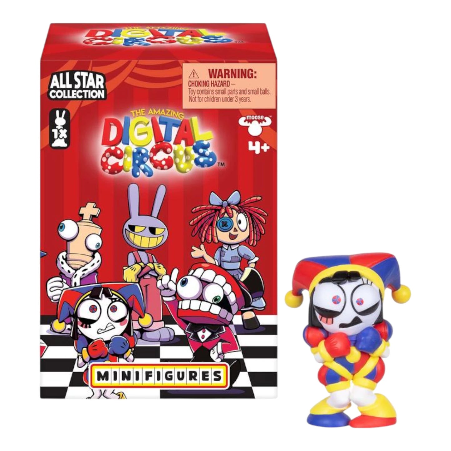 Pomni clown character from 'The Amazing Digital Circus' with packaging in the background.