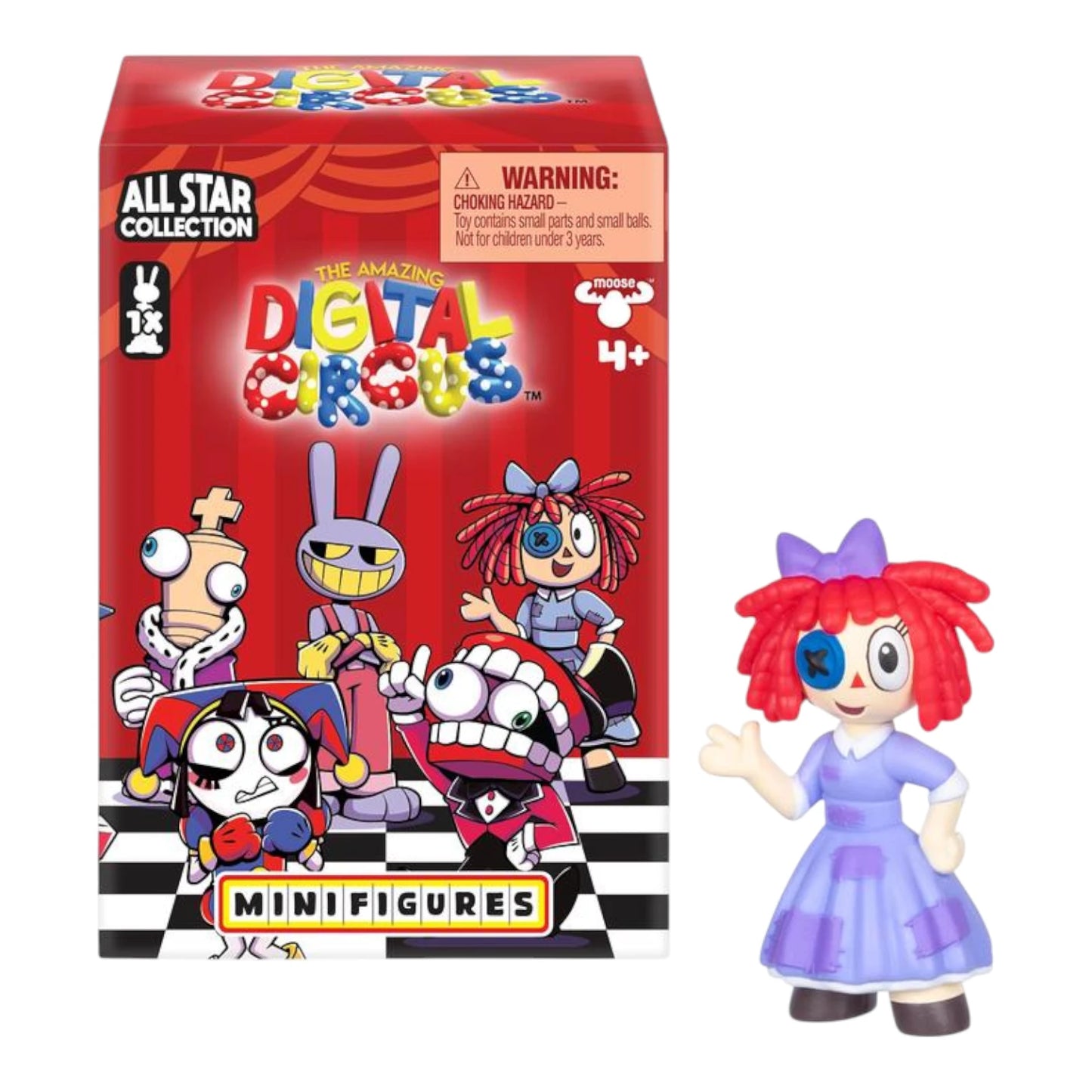Ragatha Toy figure from The Amazing Digital Circus 2 Inch Mini Figures Mystery Box with red hair and a purple dress next to its packaging