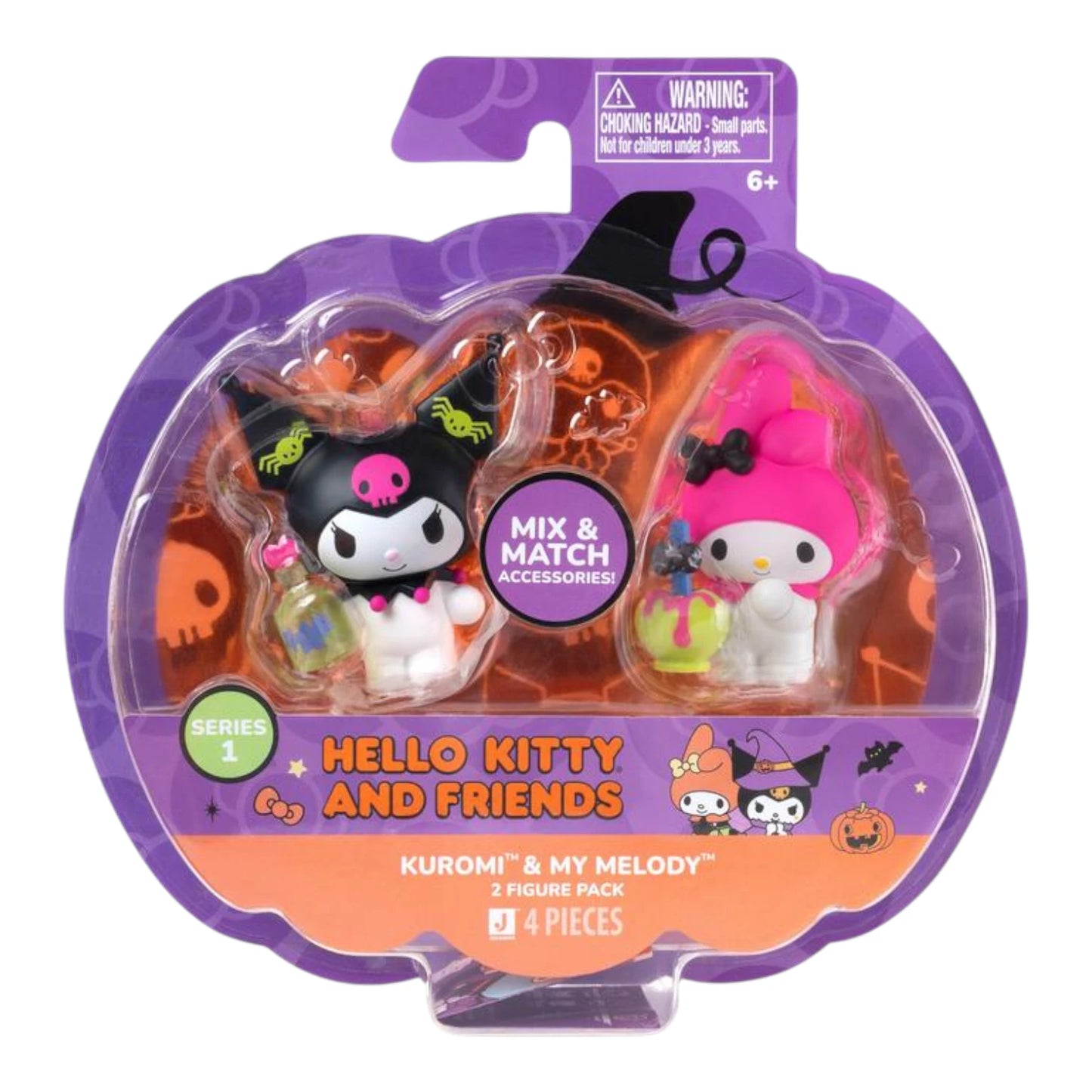 Packaged toy figures of Hello Kitty and Friends with Halloween-themed packaging.