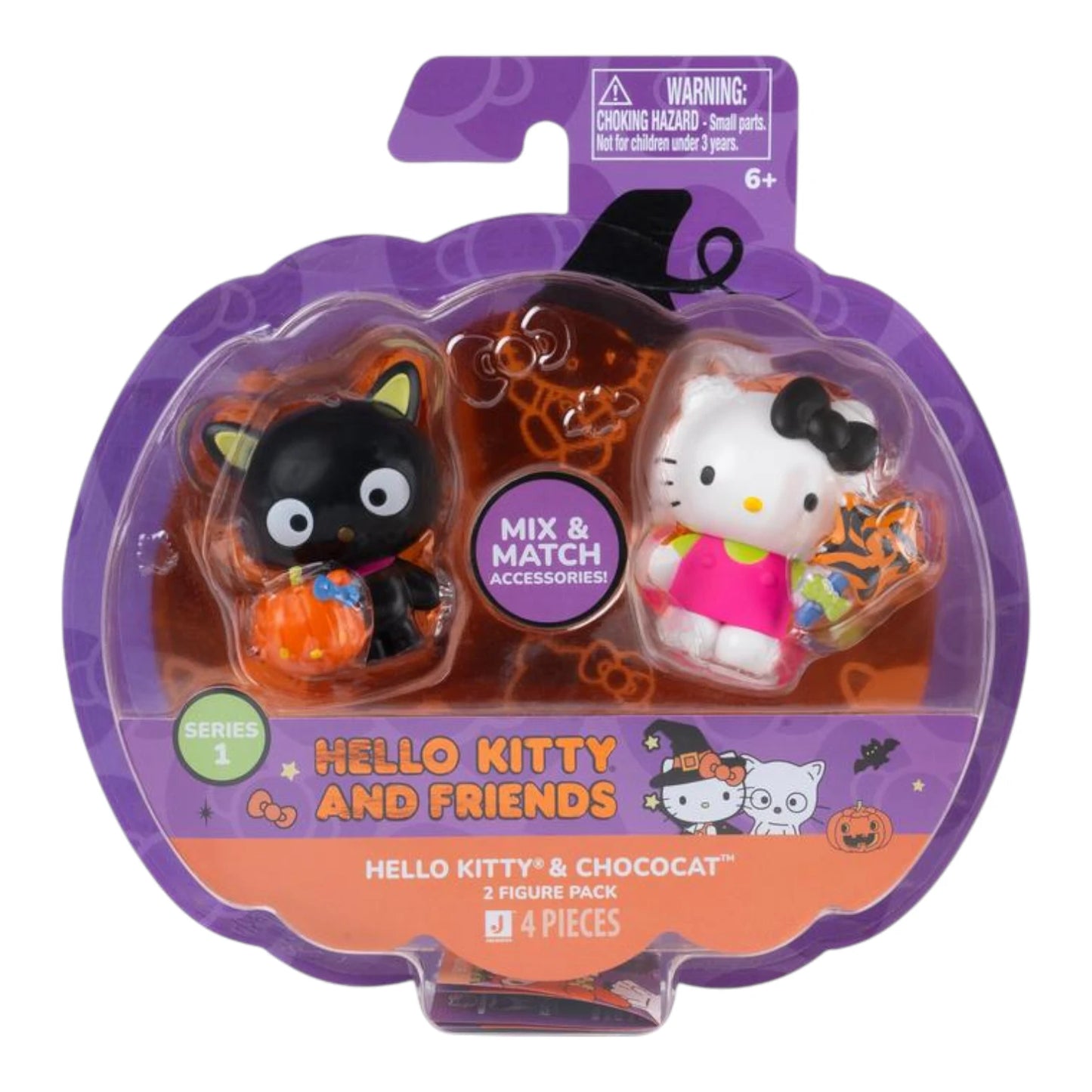 Halloween-themed packaging with Hello Kitty and Chococat figures inside, on a white background.