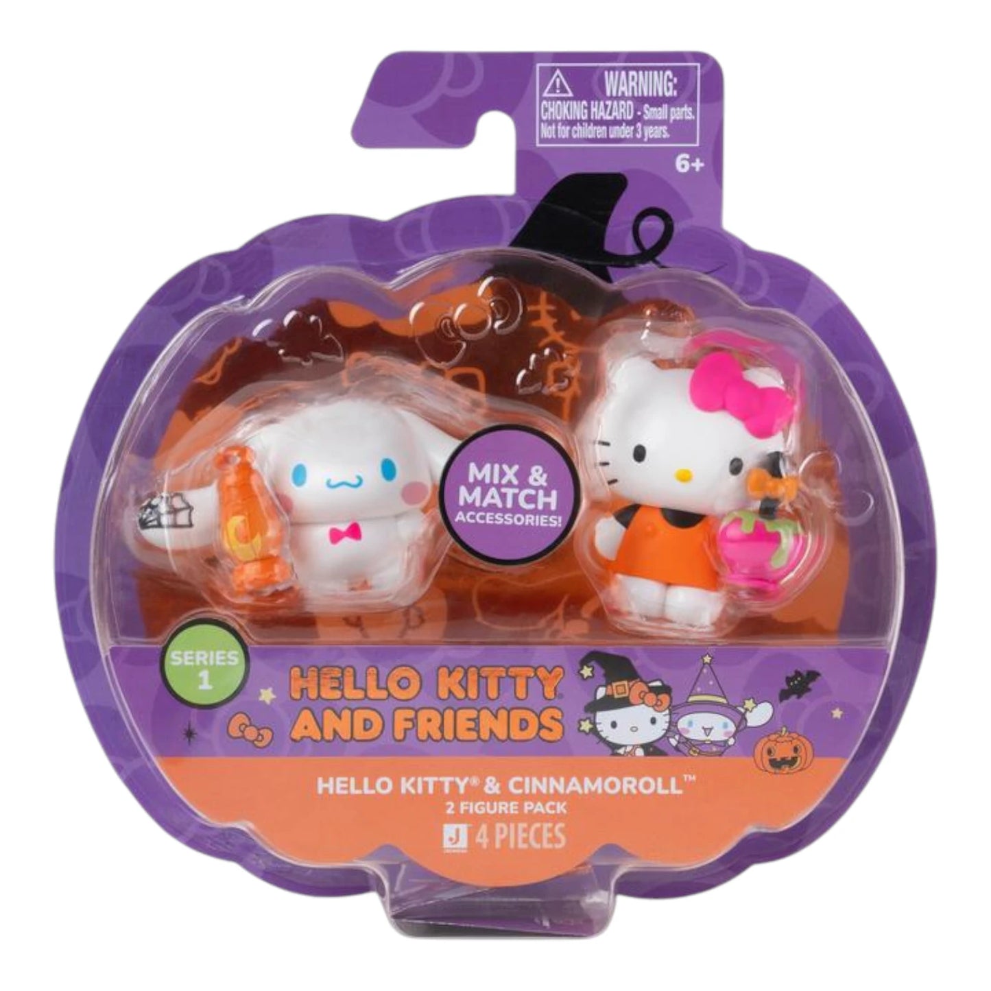 Hello Kitty and Cinnamoroll Halloween figures in packaging with purple and orange design.
