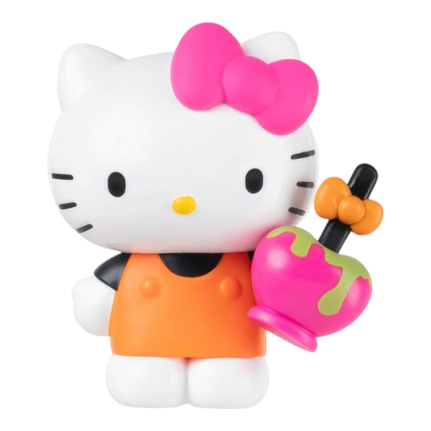 Hello Kitty figurine with pink bow and orange outfit holding a pink apple.