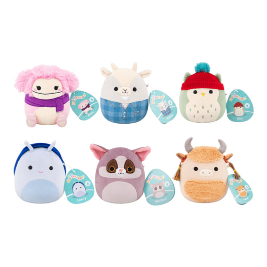 Grou of New 5" Fall Squishmallows 2025 - Brina wearing purple scarf, Wallave bush baby, Yossef highland cow and more.
