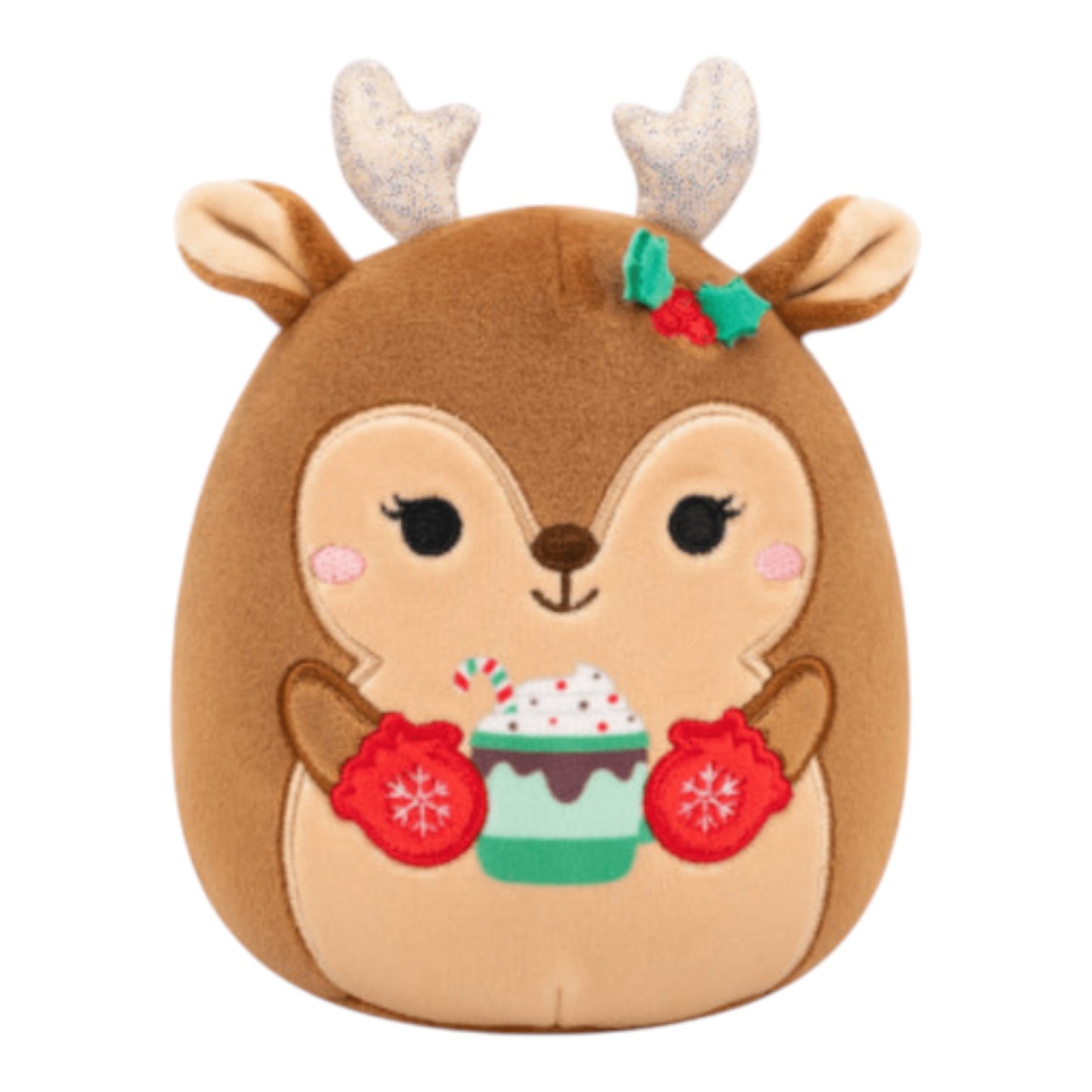 5" holiday Squishmallows 2025 reindeer with holly on its head holding a cup of peppermint latte
