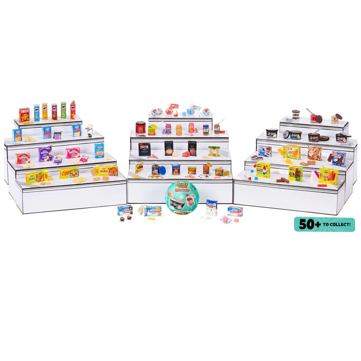 A massive collection of Miniverse Real Brands displayed on tiered shelves, featuring over 50 items including Jif Peanut Butter, Spam, Pringles, and various dessert toppings.