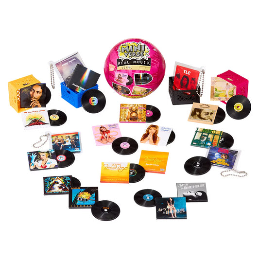 A hot pink mystery blind pack ball for MGA's Miniverse Real Music Vinyl surrounded by mini playable vinyl records, sleeves, and crates.
