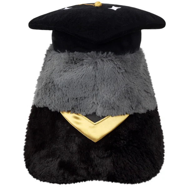 Squishable Mini Graduation Plague Doctor 10-Inch Plush, a black and dark grey soft toy with a white mask, gold accents, a graduation cap, and a diploma