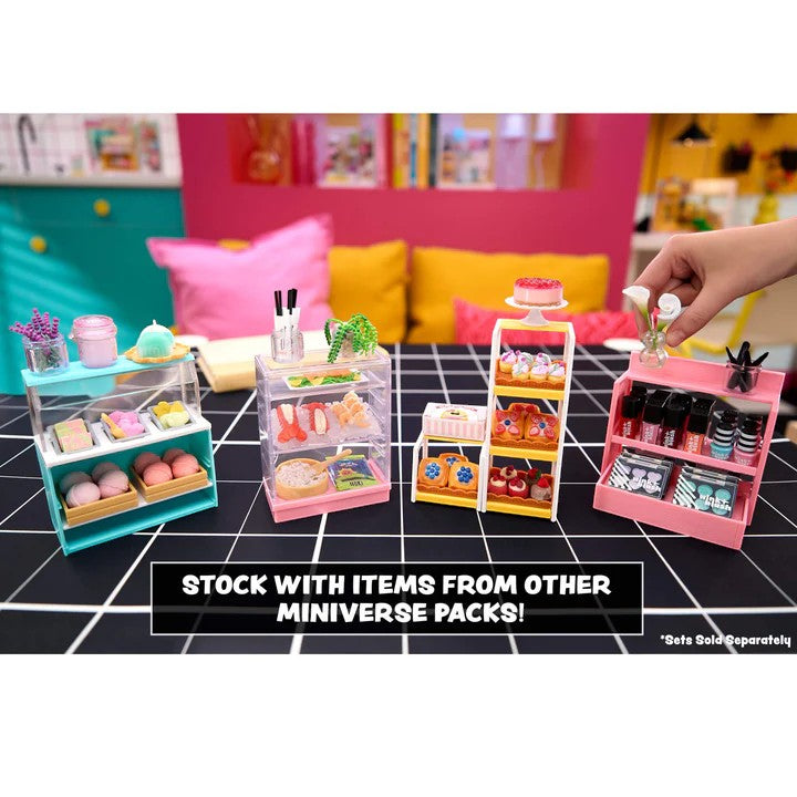 Miniature store sets with various items on a checkered floor, with text about stock from other miniverse packs. Miniverse Make it Mini Spaces Furniture.