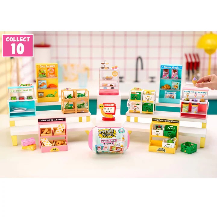 Collection of small toy boxes on a white surface with a kitchen background. Miniverse Make it Mini Spaces Furniture.