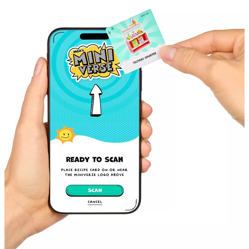 Phone with MiniVerse app interface and a card held above it