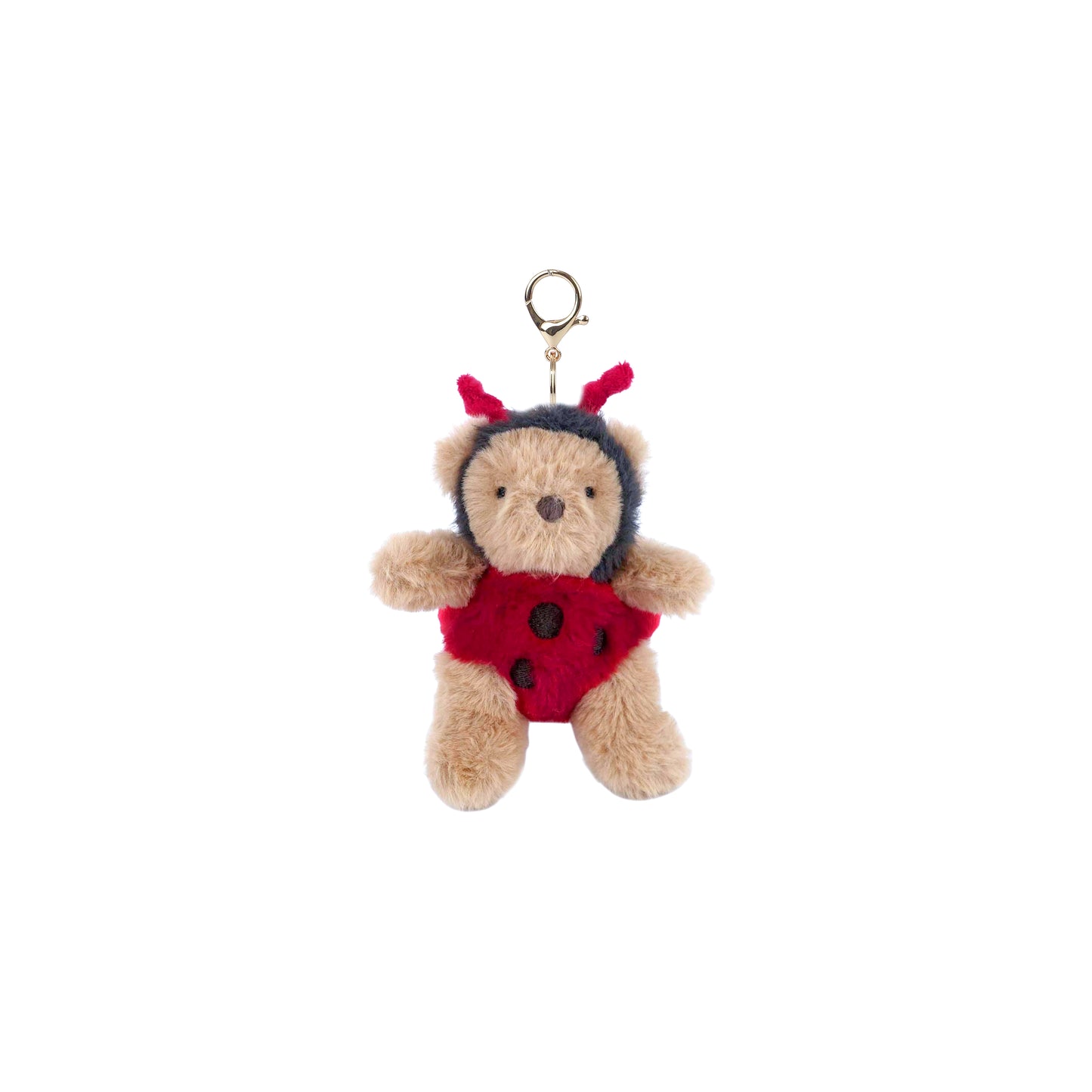 Mon Ami plush teddy bear keychain dressed in a red and black spotted ladybug costume with a gold lobster clasp.