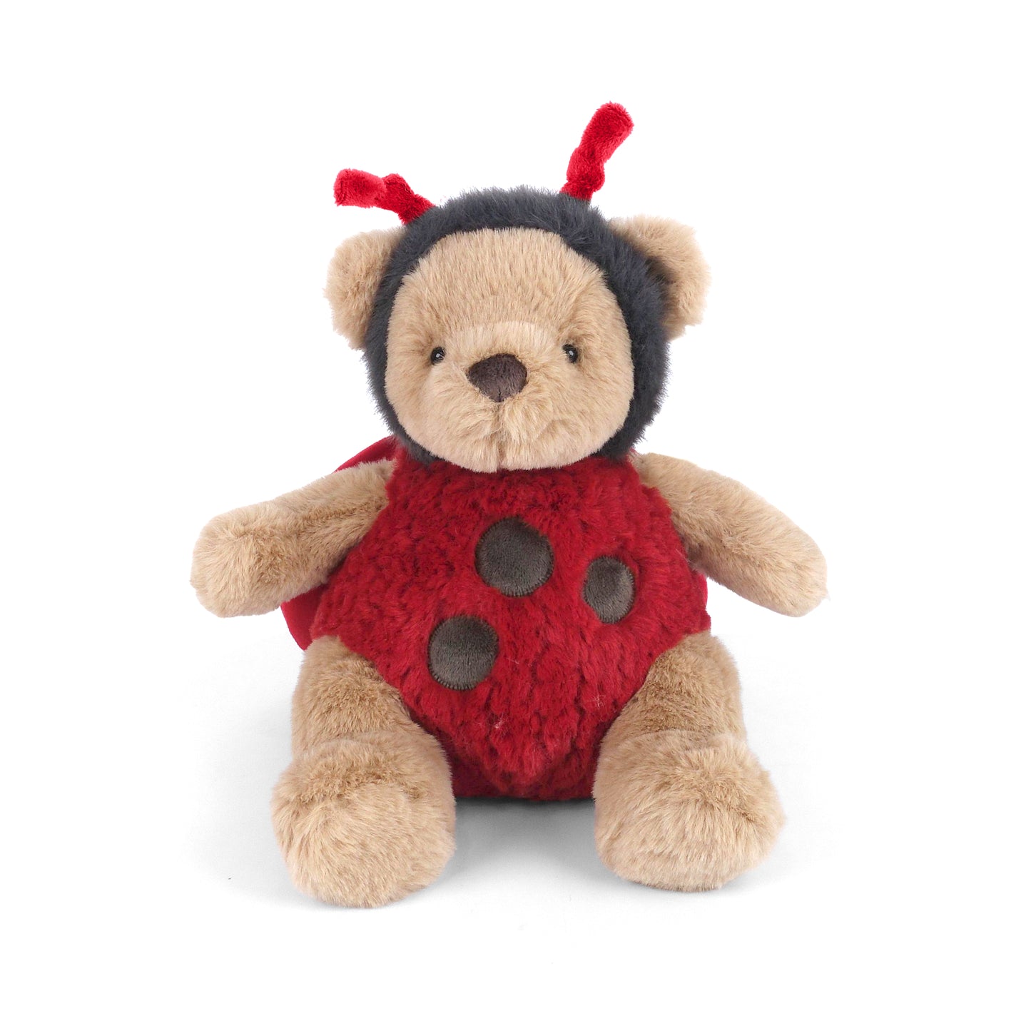Mon Ami Leah Ladybug Bear 10-Inch Plush, a premium soft tan bear wearing a red and black ladybug outfit with antennae