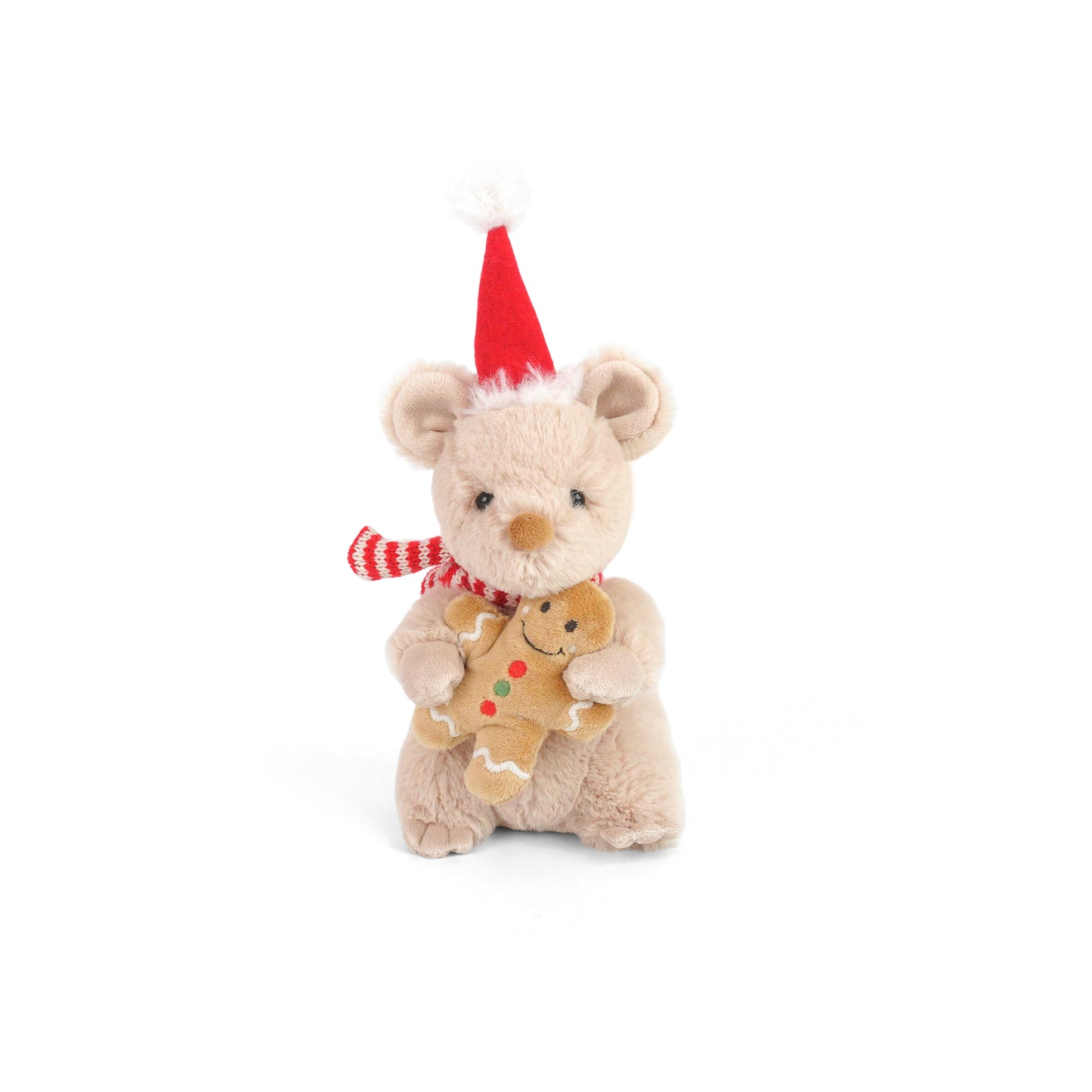 Mon Ami plush mouse wearing a Santa hat and striped scarf while holding a plush gingerbread cookie.