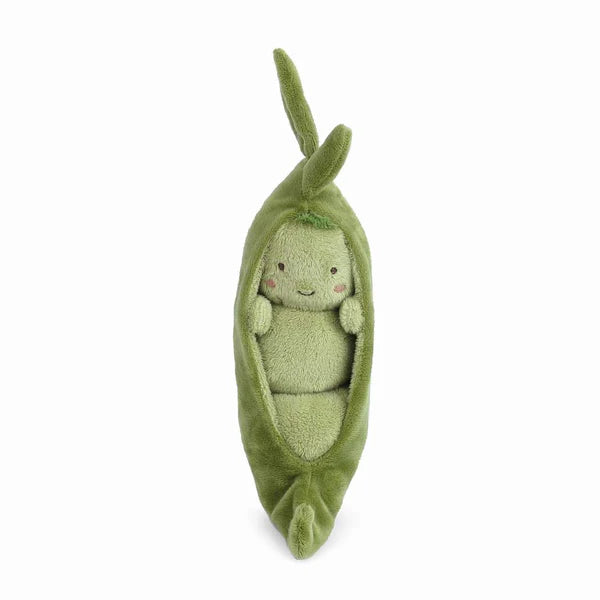 A plush toy featuring an open green pea pod with a smaller, smiling green pea doll nestled inside. Both have embroidered faces