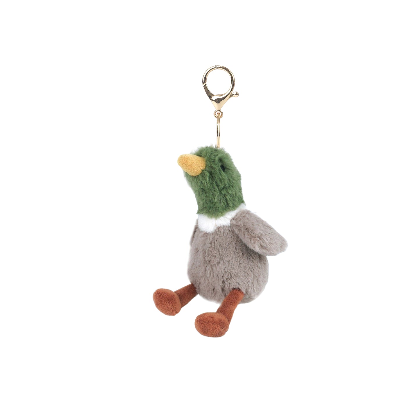 Mon Ami plush mallard duck keychain with a green head, grey body, and dangling brown legs, featuring a shiny gold lobster clasp.