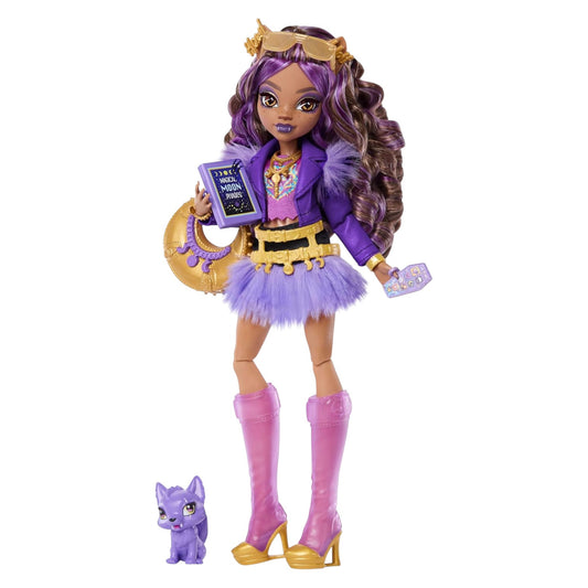 Monster High Clawdeen Wolf Core Refresh doll with purple hair and outfit, holding a book, on a white background