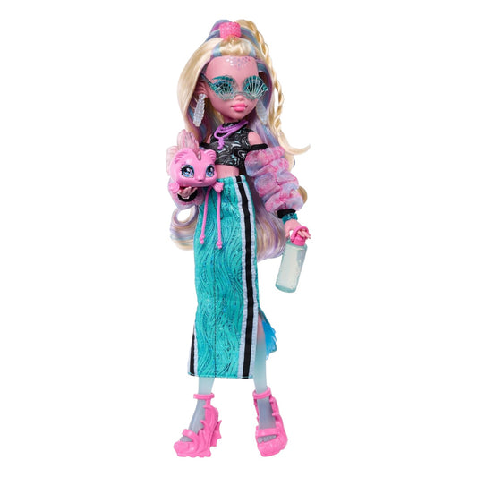 Monster High Lagoona Blue Core Refresh doll doll with pink hair, blue outfit, and pink shoes on a white background