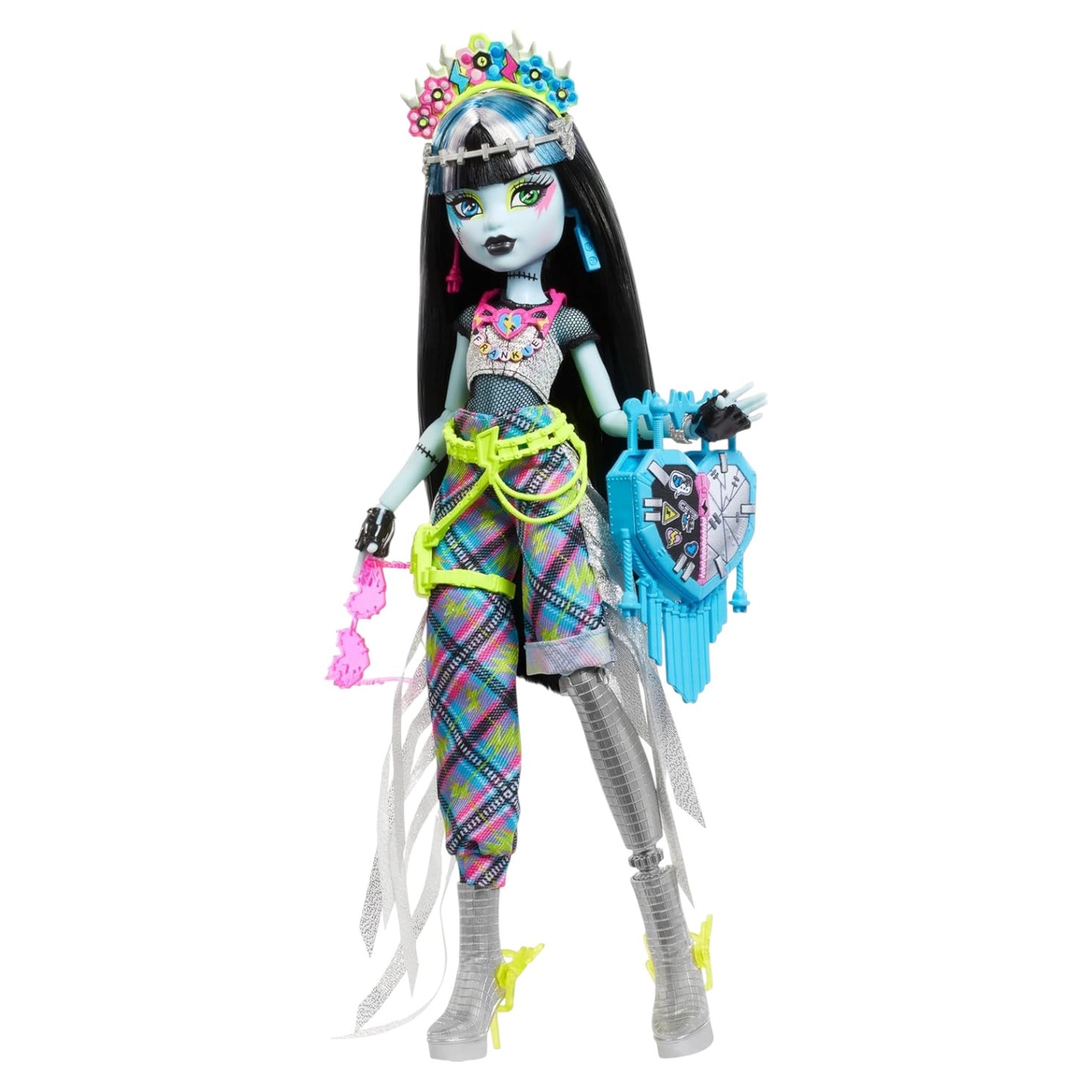 Monster High Frankie Stein Monster Fest doll with silver fringe pants, bolt flower crown, and music festival accessories like a camera and snacks.