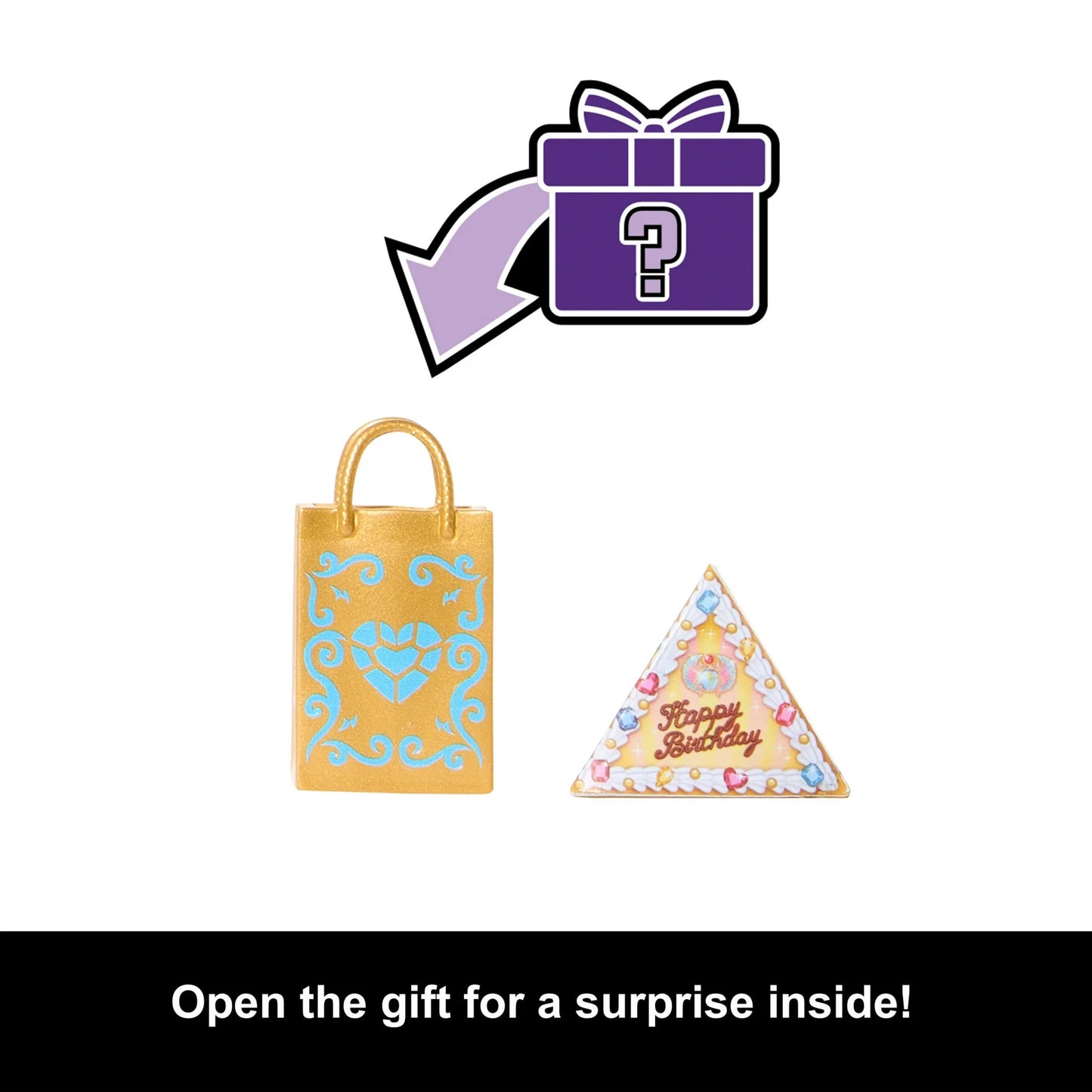 Small yellow gift bag with blue heart design and triangular pink gift box with 'Happy Birthday' text on a white background.