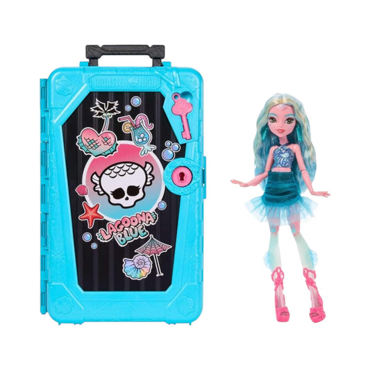 Monster High Skulltimate Secrets Gore-Geous Oasis Lagoona Blue doll with blue suitcase featuring character design on a white background