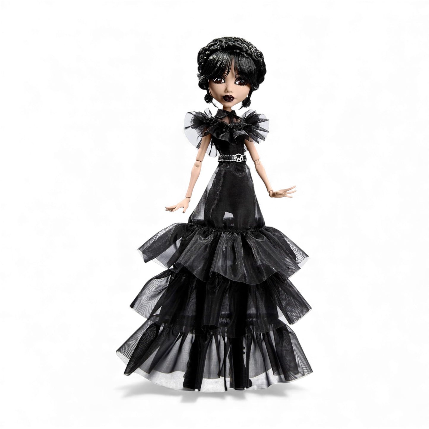 Product view of Monster High x Wednesday Rave'N Wednesday Addams doll wearing a black ruffled gothic gown and posing.