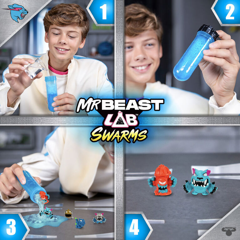 Promotional image for 'MrBeast Lab Swarms' featuring a person with laboratory equipment and small figures.