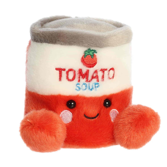 Angled view of Palm Pals Andy Tomato Soup Can 5-inch plush soft toy