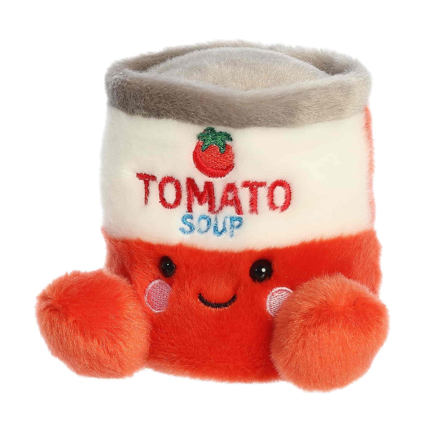 Angled view of Palm Pals Andy Tomato Soup Can 5-inch plush soft toy